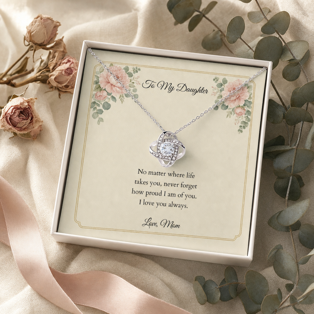 Love Knot necklace in its gift box on a personalized message card