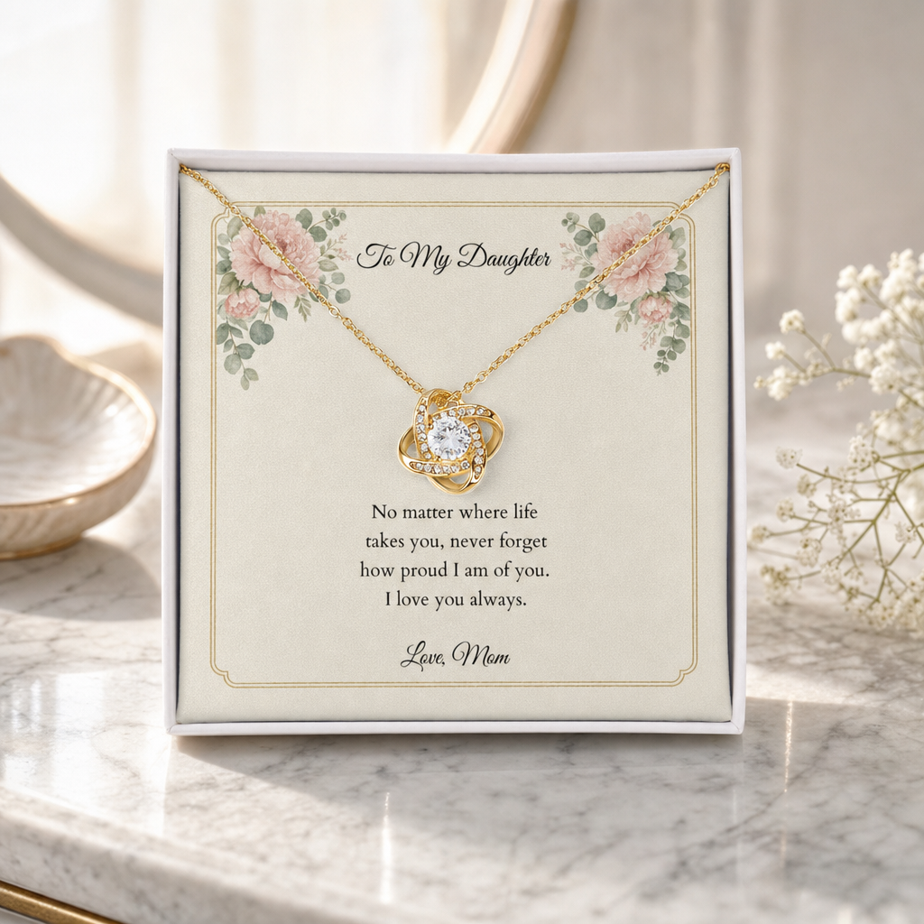 Love Knot necklace in its gift box on a personalized message card