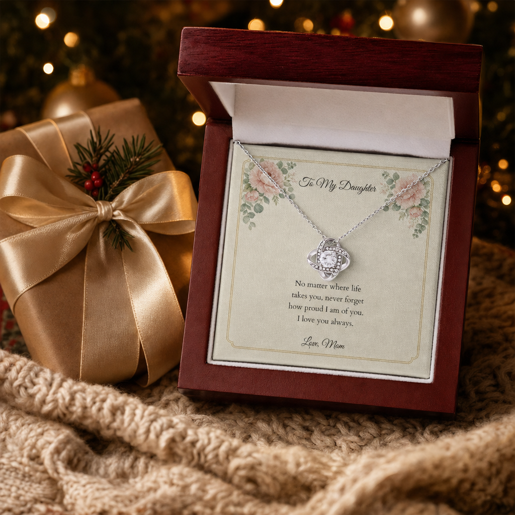 Love Knot necklace in its gift box on a personalized message card