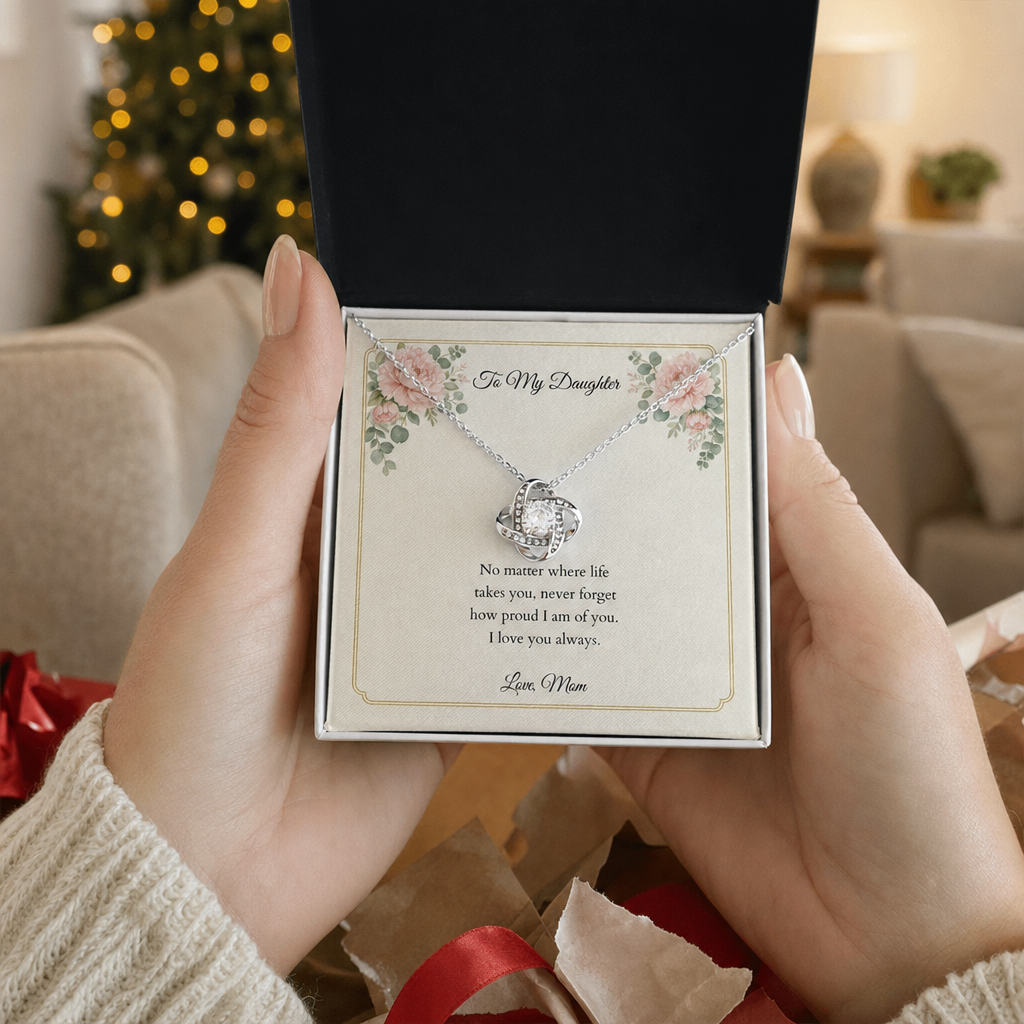 Love Knot necklace in its gift box on a personalized message card