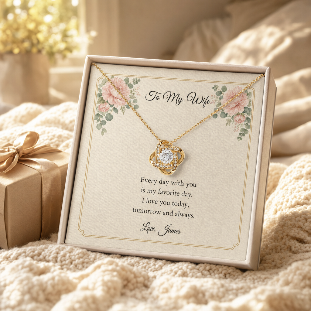 Gold Love Knot necklace in its gift box with a To My Wife message card