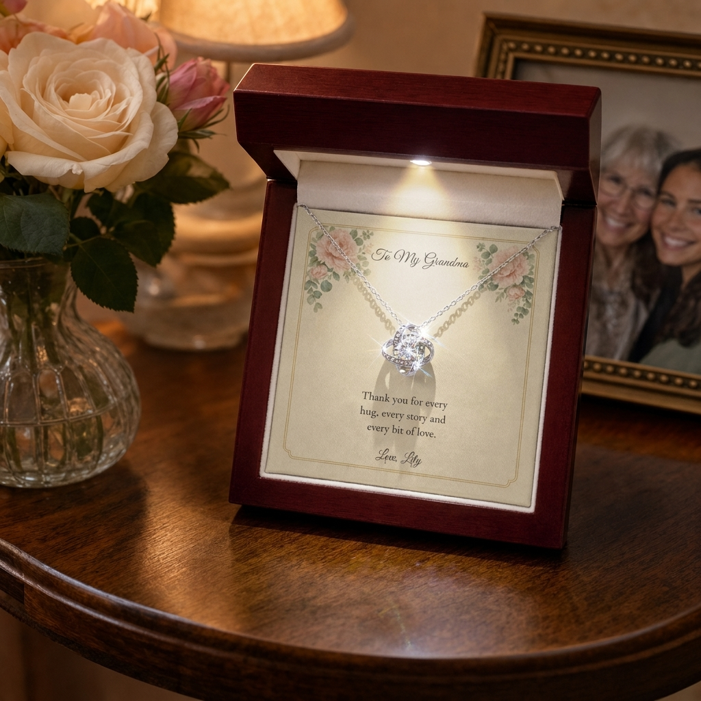 Silver Love Knot necklace in the mahogany LED luxury box, To My Grandma card