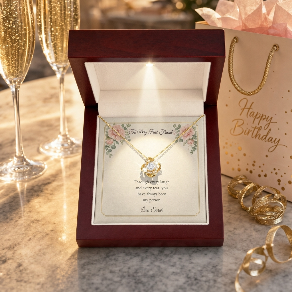 Gold Love Knot necklace in the mahogany LED luxury box, To My Best Friend card