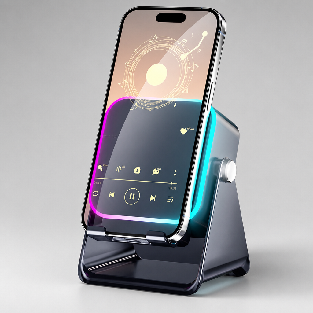 Folding phone stand with induction speaker and ambient light