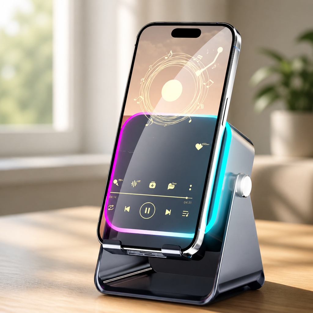 Folding phone stand with induction speaker and ambient light
