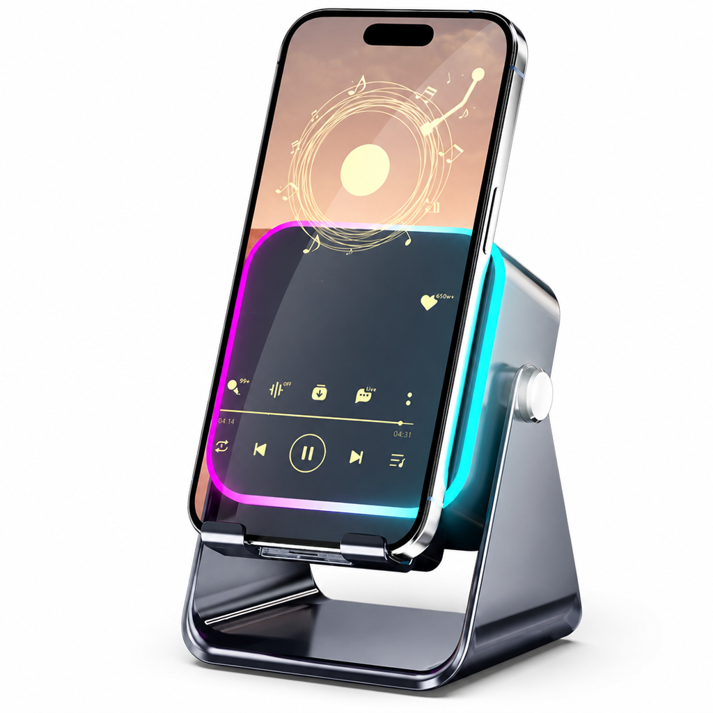 Folding phone stand with induction speaker and ambient light