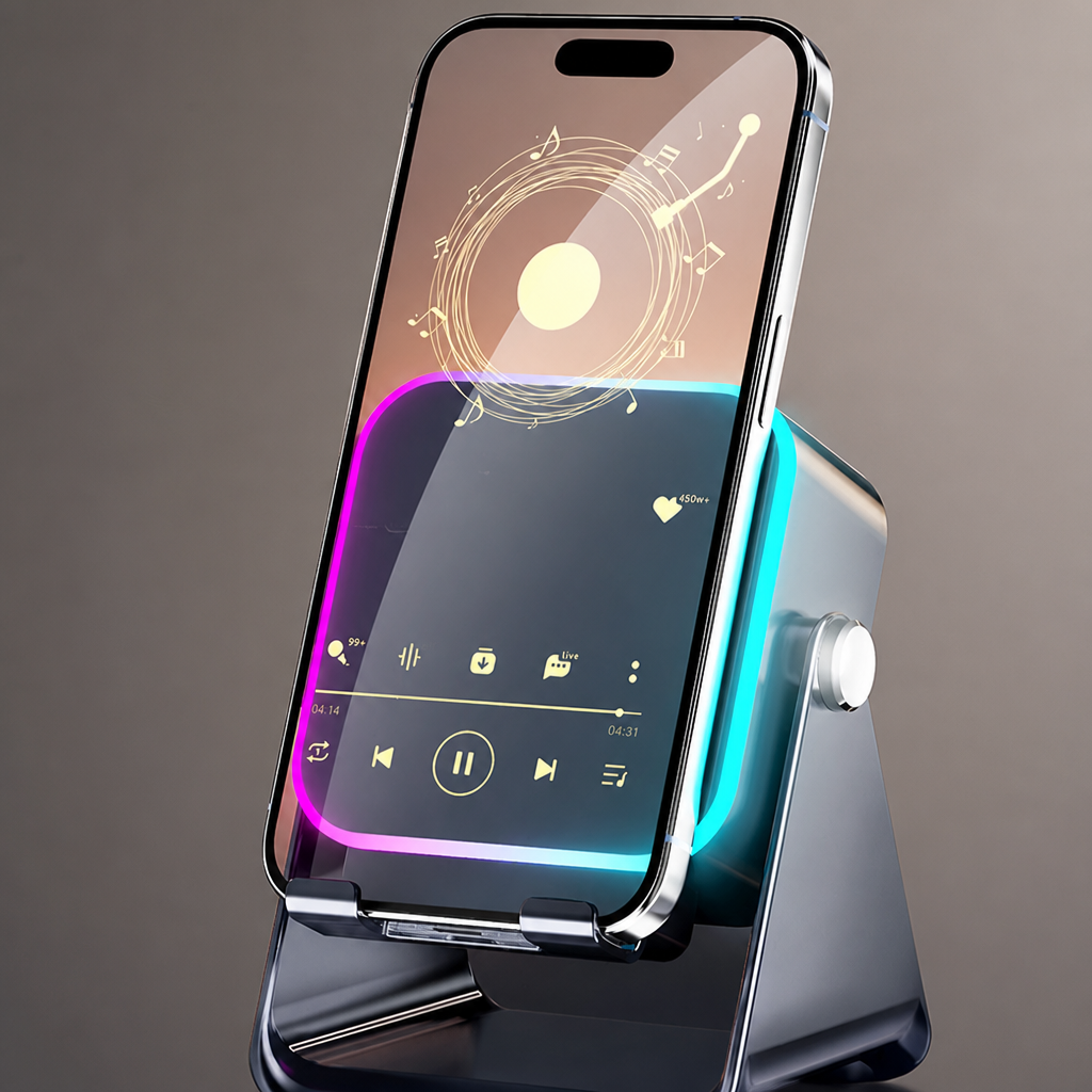 Folding phone stand with induction speaker and ambient light